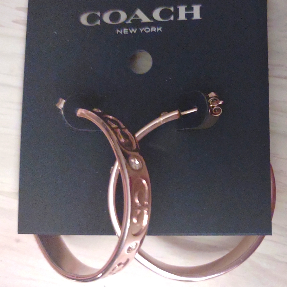 Coach Logo Detail Crystal Rose Gold Hoop Earrings Y2K Bling